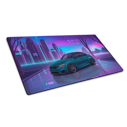 BMW M3 F80 Inspired Teal Purple Vaporwave Gaming Mouse Pad, Neon Sports Sedan Desk Mat with Futuristic Cyberpunk City Artwork