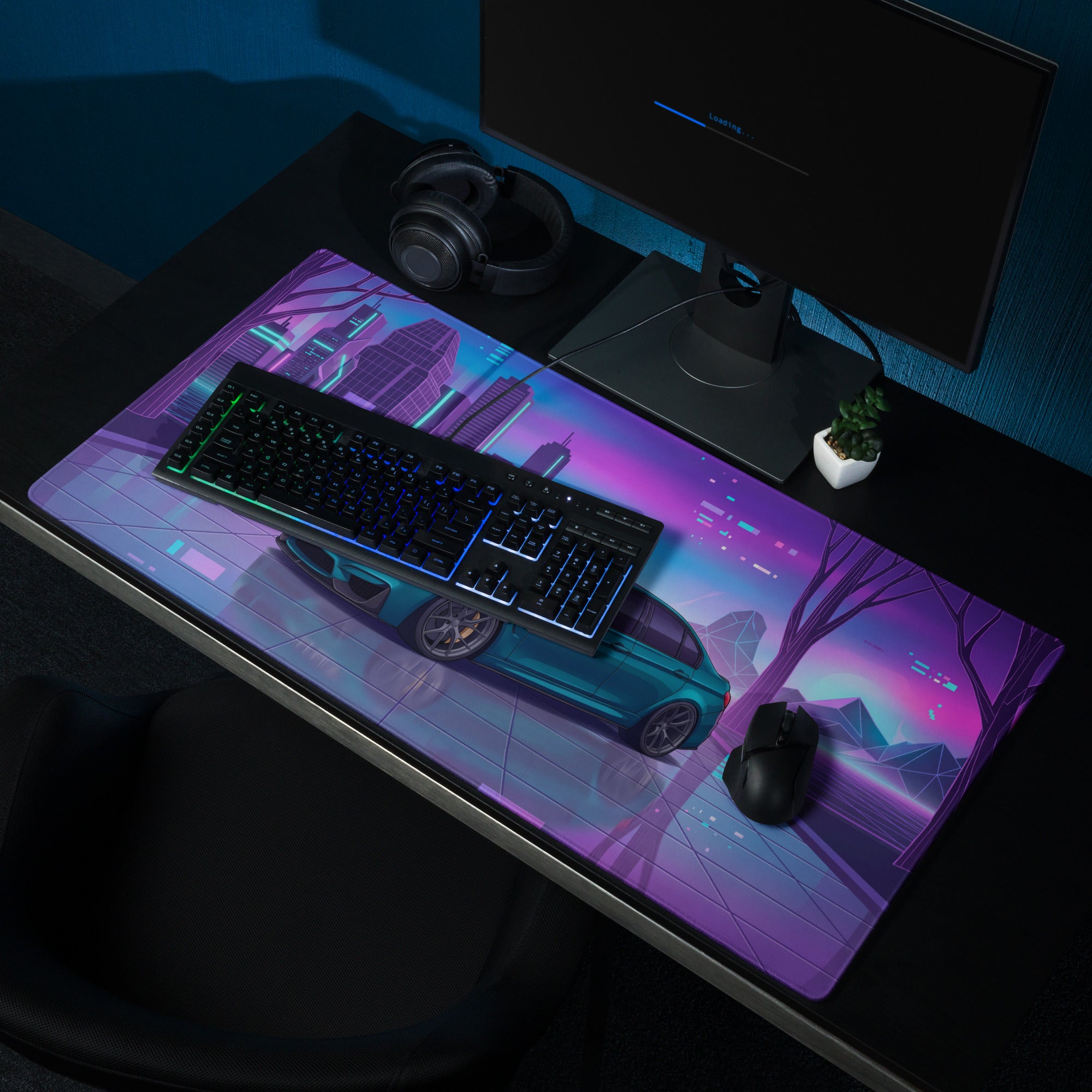 BMW M3 F80 Inspired Teal Purple Vaporwave Gaming Mouse Pad, Neon Sports Sedan Desk Mat with Futuristic Cyberpunk City Artwork