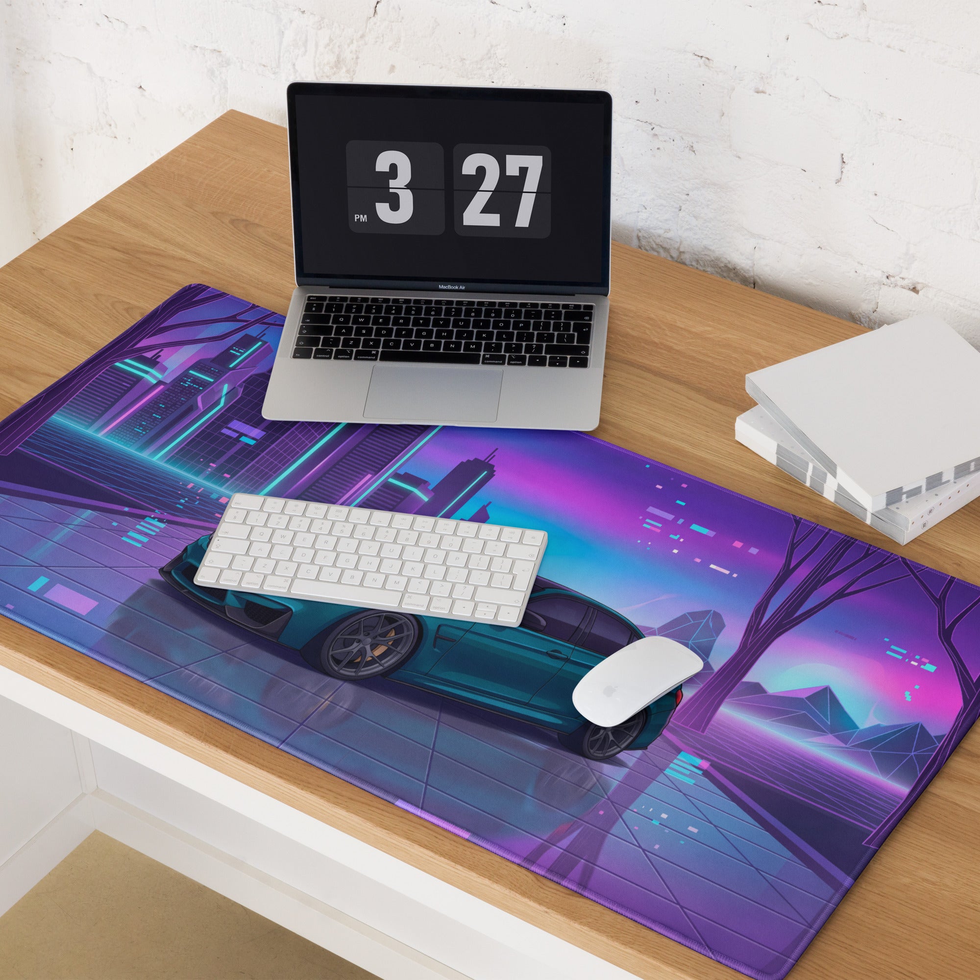 BMW M3 F80 Inspired Teal Purple Vaporwave Gaming Mouse Pad, Neon Sports Sedan Desk Mat with Futuristic Cyberpunk City Artwork