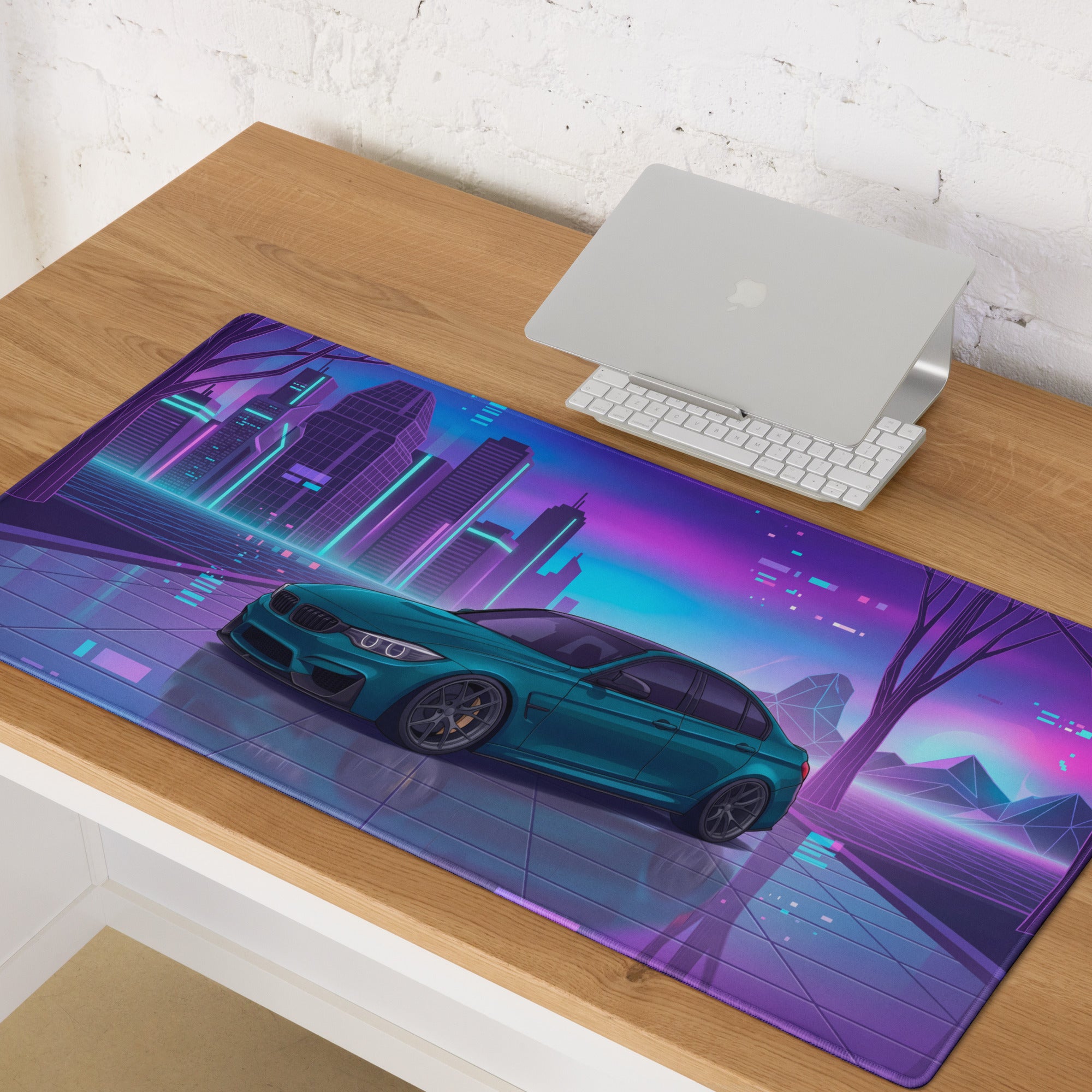 BMW M3 F80 Inspired Teal Purple Vaporwave Gaming Mouse Pad, Neon Sports Sedan Desk Mat with Futuristic Cyberpunk City Artwork