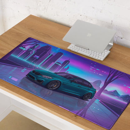 BMW M3 F80 Inspired Teal Purple Vaporwave Gaming Mouse Pad, Neon Sports Sedan Desk Mat with Futuristic Cyberpunk City Artwork
