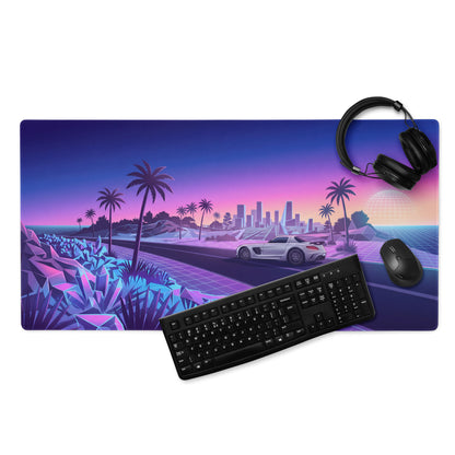 Mercedes-Benz SLS AMG Inspired Silver Purple Vaporwave Gaming Mouse Pad, Neon Supercar Desk Mat with Retro Futuristic Palm Tree Sunset Artwork