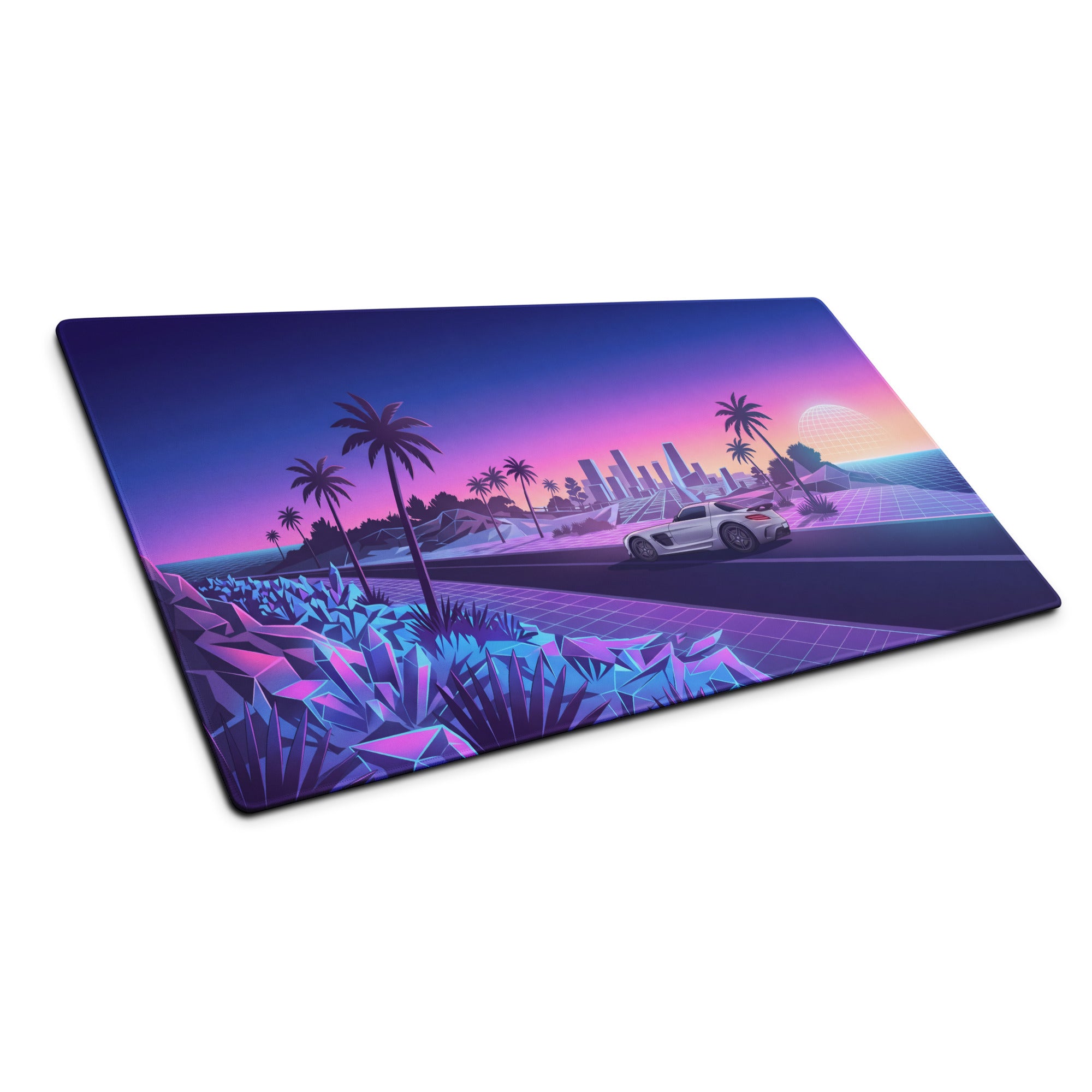Mercedes-Benz SLS AMG Inspired Silver Purple Vaporwave Gaming Mouse Pad, Neon Supercar Desk Mat with Retro Futuristic Palm Tree Sunset Artwork