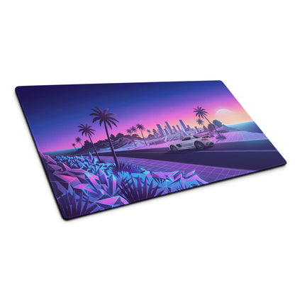 Mercedes-Benz SLS AMG Inspired Silver Purple Vaporwave Gaming Mouse Pad, Neon Supercar Desk Mat with Retro Futuristic Palm Tree Sunset Artwork