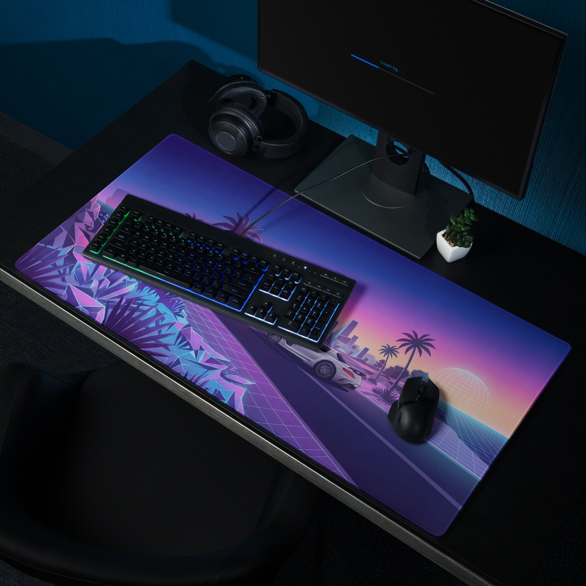 Mercedes-Benz SLS AMG Inspired Silver Purple Vaporwave Gaming Mouse Pad, Neon Supercar Desk Mat with Retro Futuristic Palm Tree Sunset Artwork