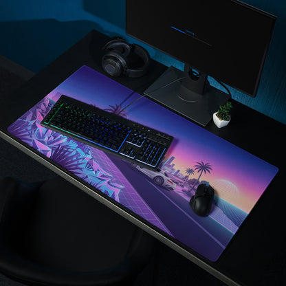 Mercedes-Benz SLS AMG Inspired Silver Purple Vaporwave Gaming Mouse Pad, Neon Supercar Desk Mat with Retro Futuristic Palm Tree Sunset Artwork