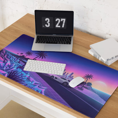 Mercedes-Benz SLS AMG Inspired Silver Purple Vaporwave Gaming Mouse Pad, Neon Supercar Desk Mat with Retro Futuristic Palm Tree Sunset Artwork