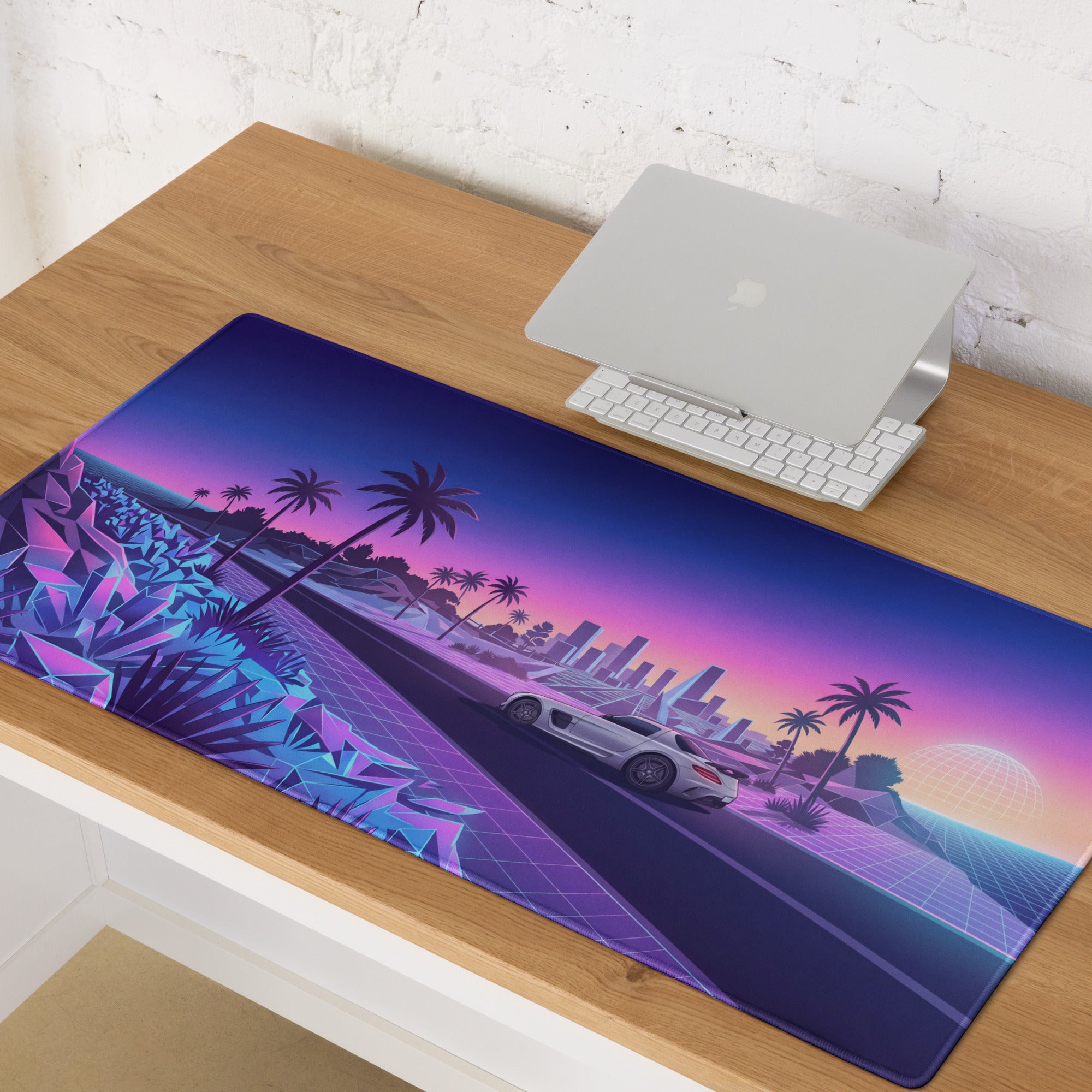 Mercedes-Benz SLS AMG Inspired Silver Purple Vaporwave Gaming Mouse Pad, Neon Supercar Desk Mat with Retro Futuristic Palm Tree Sunset Artwork