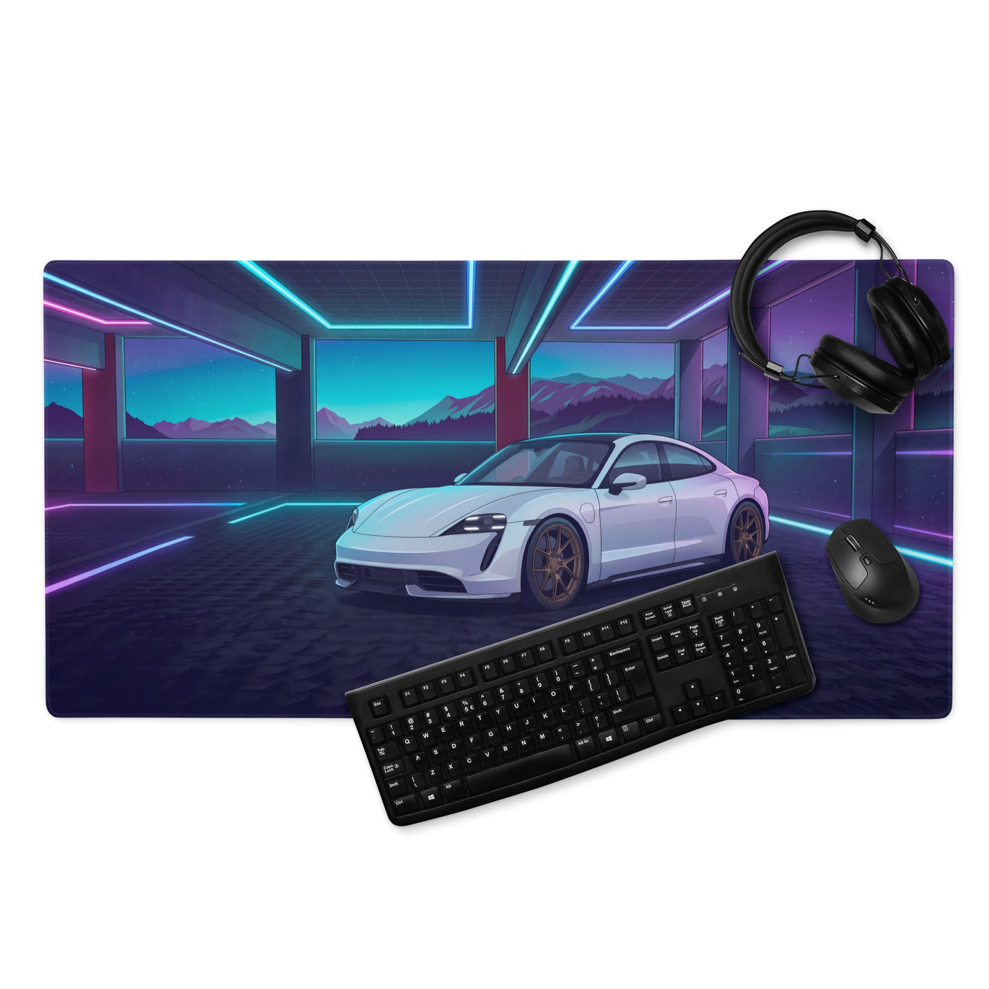 Porsche Taycan Turbo S Inspired White Blue Vaporwave Gaming Mouse Pad, Neon Electric Sports Car Desk Mat with Futuristic Mountain Garage Artwork