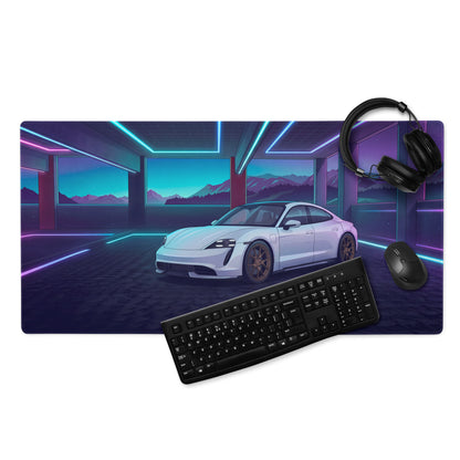 Porsche Taycan Turbo S Inspired White Blue Vaporwave Gaming Mouse Pad, Neon Electric Sports Car Desk Mat with Futuristic Mountain Garage Artwork