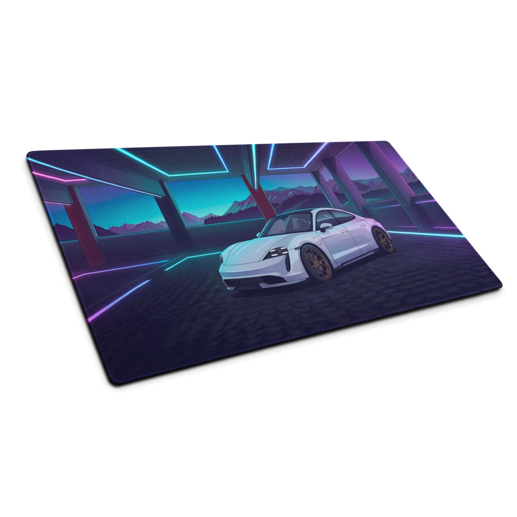 Porsche Taycan Turbo S Inspired White Blue Vaporwave Gaming Mouse Pad, Neon Electric Sports Car Desk Mat with Futuristic Mountain Garage Artwork