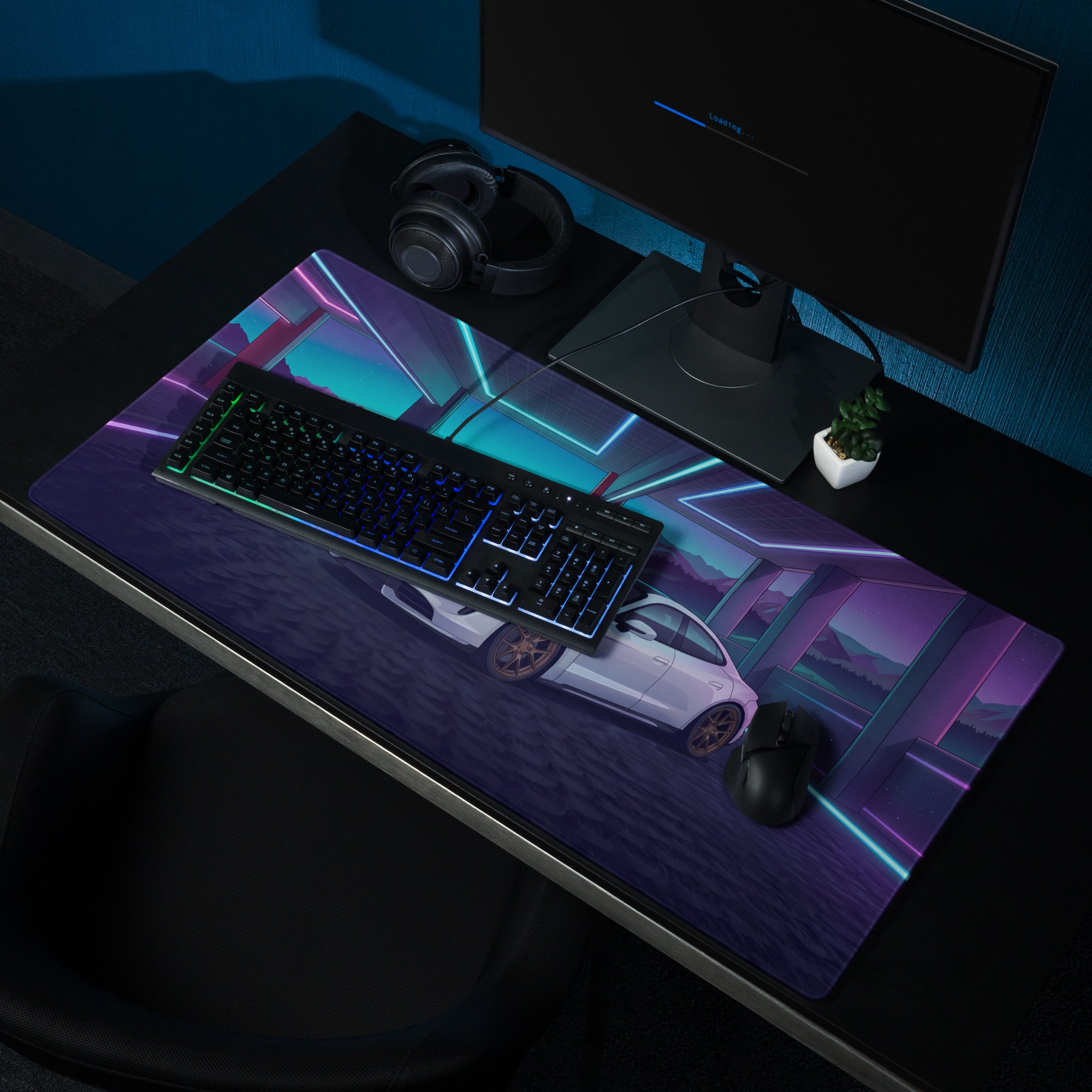 Porsche Taycan Turbo S Inspired White Blue Vaporwave Gaming Mouse Pad, Neon Electric Sports Car Desk Mat with Futuristic Mountain Garage Artwork
