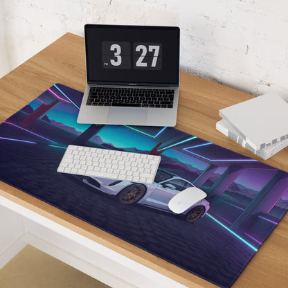 Porsche Taycan Turbo S Inspired White Blue Vaporwave Gaming Mouse Pad, Neon Electric Sports Car Desk Mat with Futuristic Mountain Garage Artwork