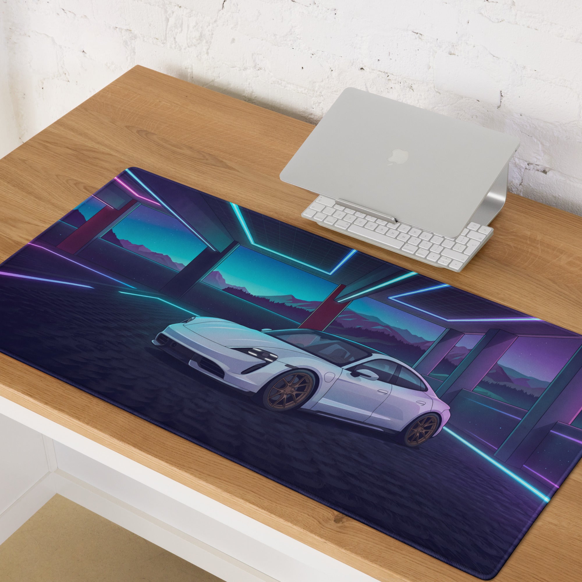 Porsche Taycan Turbo S Inspired White Blue Vaporwave Gaming Mouse Pad, Neon Electric Sports Car Desk Mat with Futuristic Mountain Garage Artwork