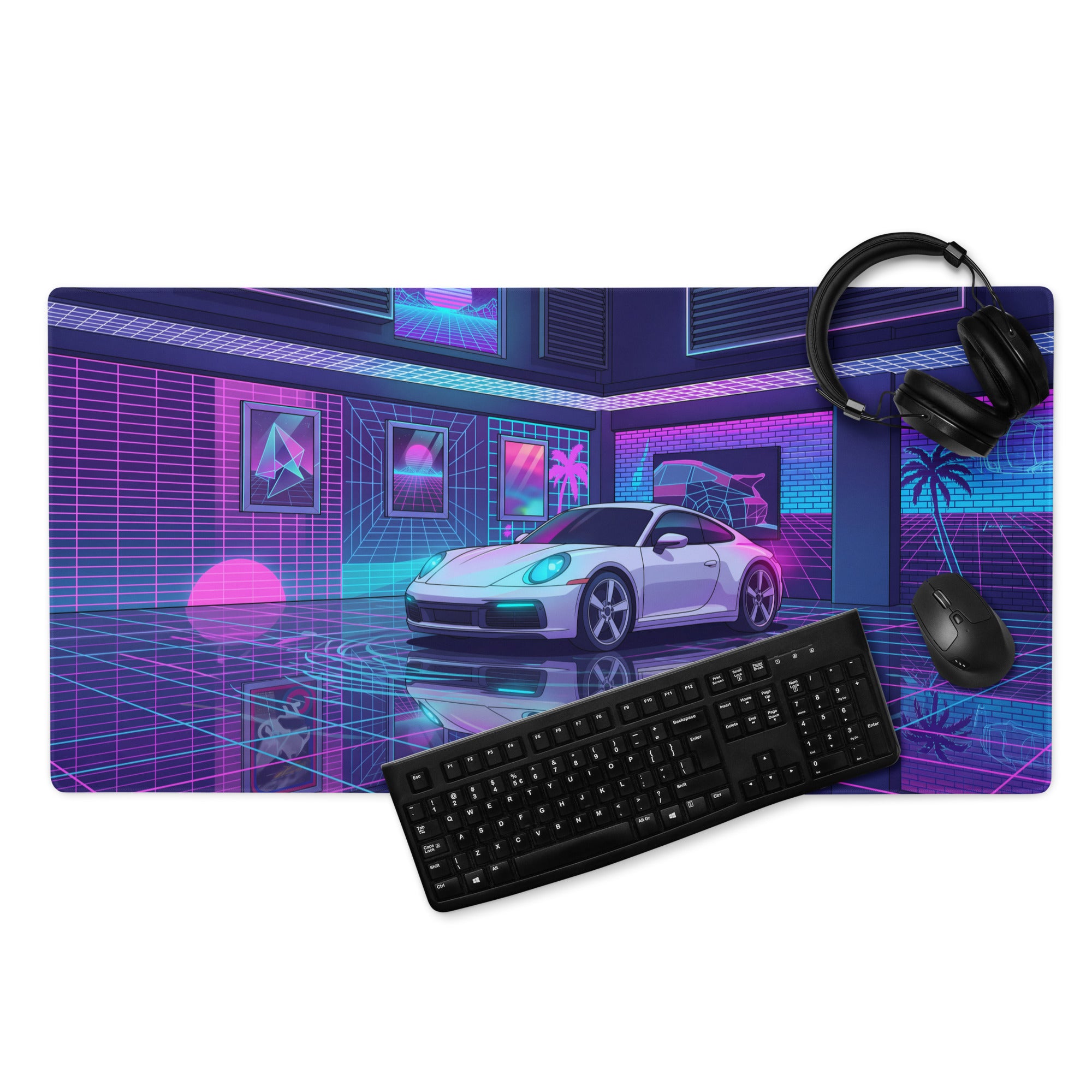 Porsche 911 Carrera Inspired White Pink Vaporwave Gaming Mouse Pad, Neon Sports Car Desk Mat with Retro Futuristic Cyberpunk Garage Artwork