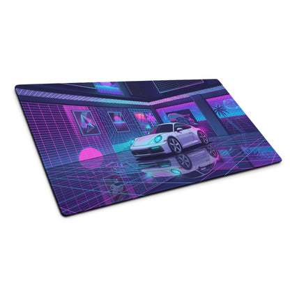 Porsche 911 Carrera Inspired White Pink Vaporwave Gaming Mouse Pad, Neon Sports Car Desk Mat with Retro Futuristic Cyberpunk Garage Artwork