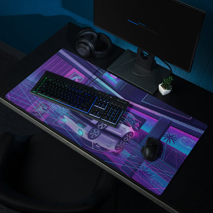Porsche 911 Carrera Inspired White Pink Vaporwave Gaming Mouse Pad, Neon Sports Car Desk Mat with Retro Futuristic Cyberpunk Garage Artwork