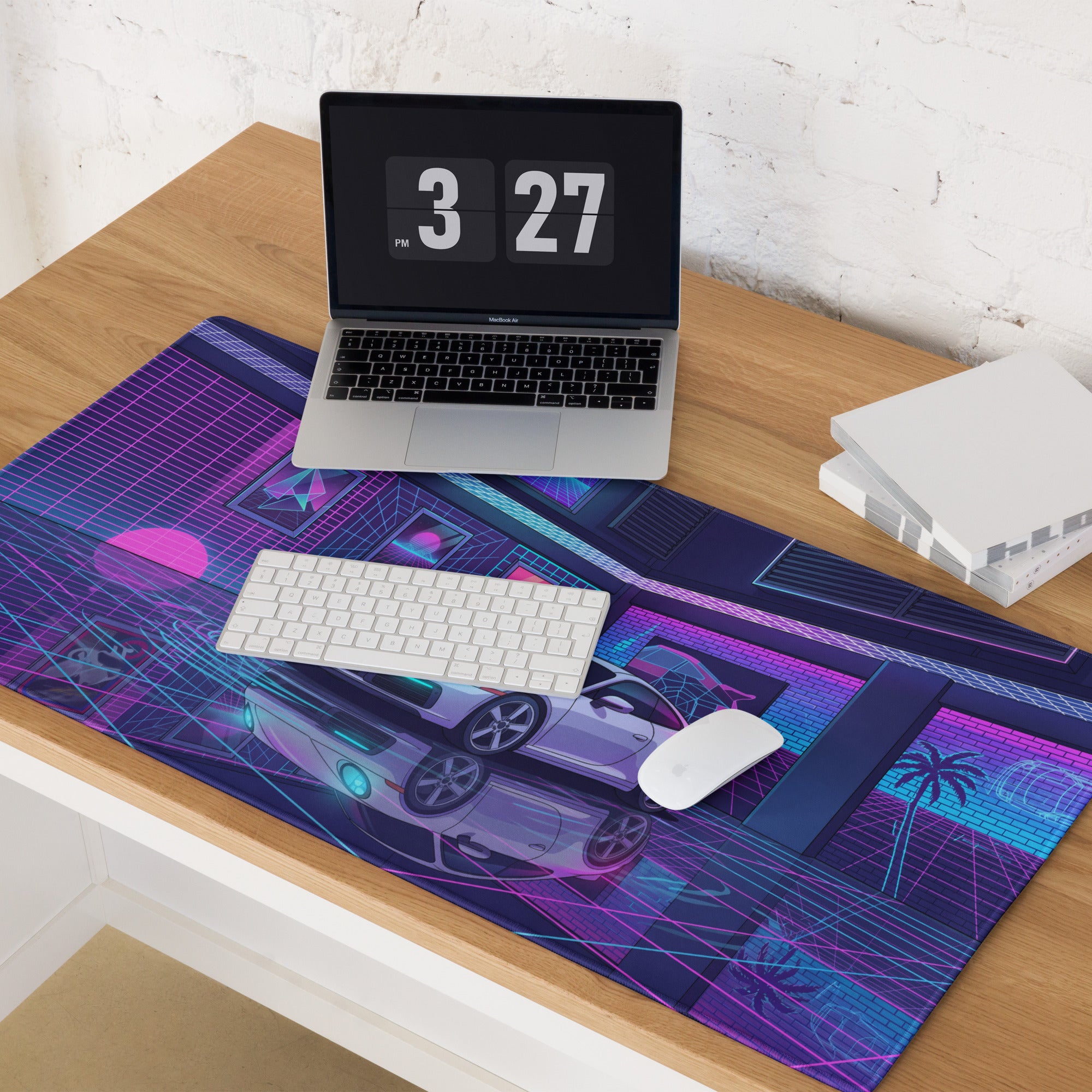 Porsche 911 Carrera Inspired White Pink Vaporwave Gaming Mouse Pad, Neon Sports Car Desk Mat with Retro Futuristic Cyberpunk Garage Artwork
