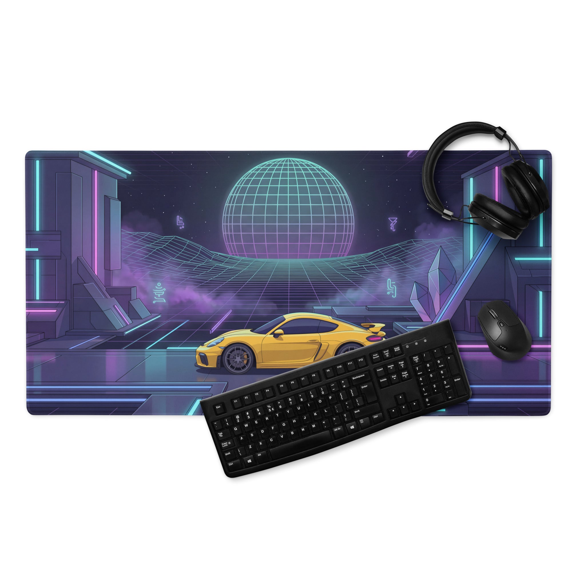 Porsche 718 Cayman GT4 Inspired Yellow Purple Vaporwave Gaming Mouse Pad, Neon Sports Car Desk Mat with Retro Futuristic Cyberpunk Landscape Artwork