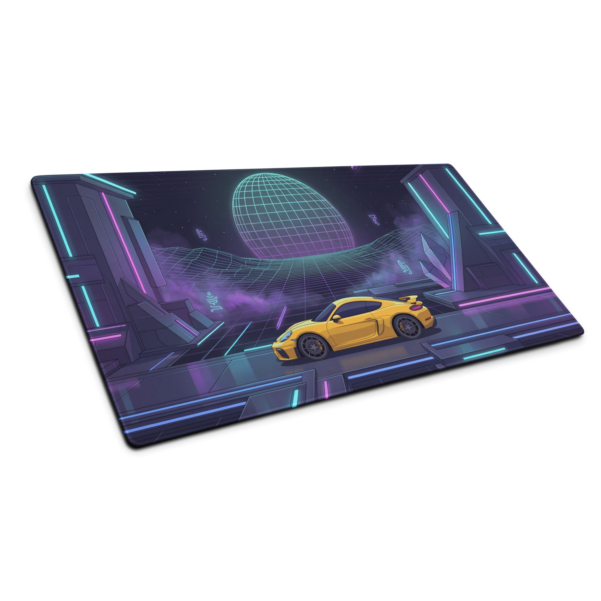 Porsche 718 Cayman GT4 Inspired Yellow Purple Vaporwave Gaming Mouse Pad, Neon Sports Car Desk Mat with Retro Futuristic Cyberpunk Landscape Artwork