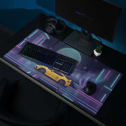 Porsche 718 Cayman GT4 Inspired Yellow Purple Vaporwave Gaming Mouse Pad, Neon Sports Car Desk Mat with Retro Futuristic Cyberpunk Landscape Artwork