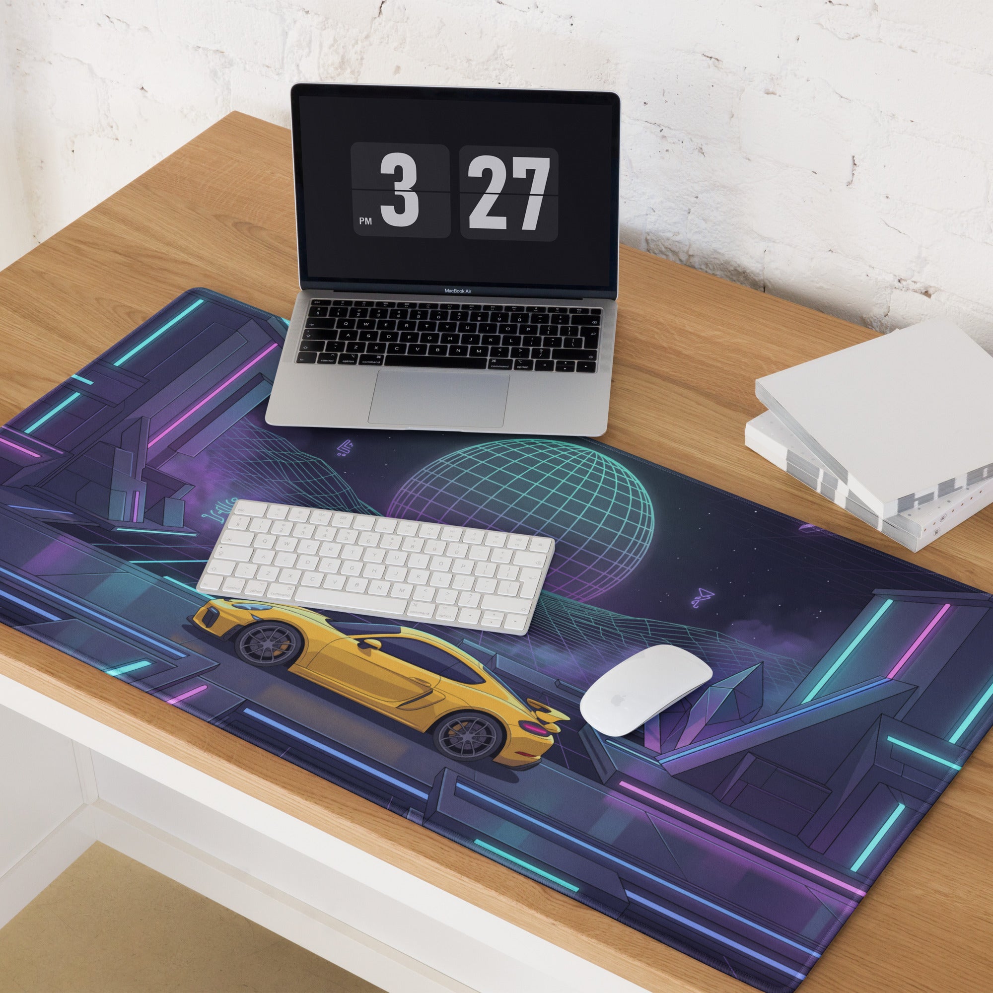 Porsche 718 Cayman GT4 Inspired Yellow Purple Vaporwave Gaming Mouse Pad, Neon Sports Car Desk Mat with Retro Futuristic Cyberpunk Landscape Artwork