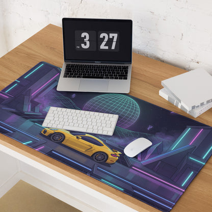 Porsche 718 Cayman GT4 Inspired Yellow Purple Vaporwave Gaming Mouse Pad, Neon Sports Car Desk Mat with Retro Futuristic Cyberpunk Landscape Artwork