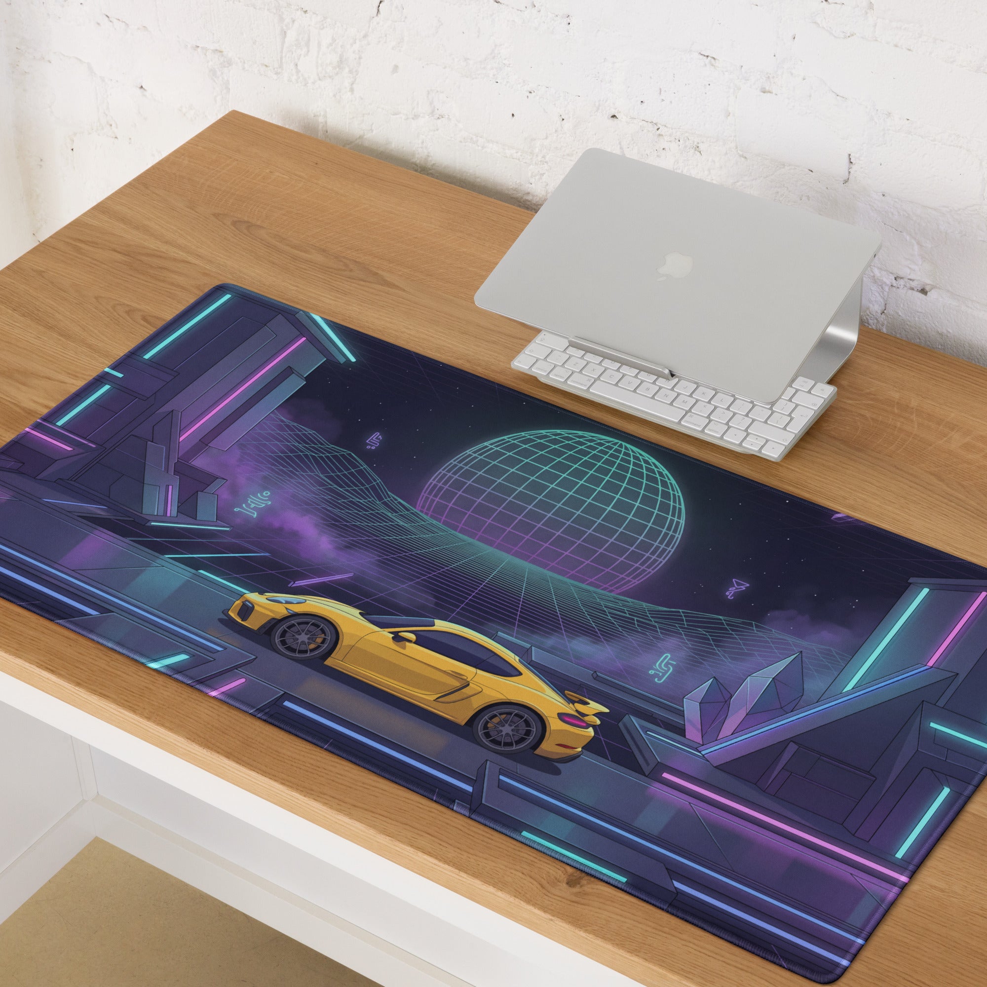 Porsche 718 Cayman GT4 Inspired Yellow Purple Vaporwave Gaming Mouse Pad, Neon Sports Car Desk Mat with Retro Futuristic Cyberpunk Landscape Artwork