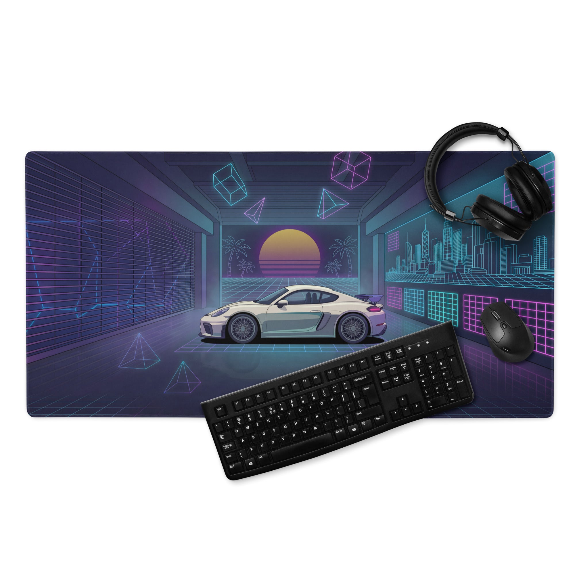 Porsche 718 Cayman GT4 Inspired White Blue Vaporwave Gaming Mouse Pad, Neon Sports Car Desk Mat with Retro Futuristic Sunset Garage Artwork