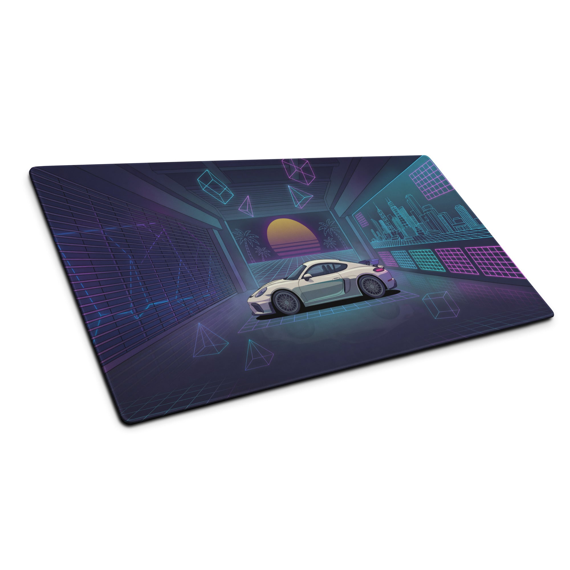 Porsche 718 Cayman GT4 Inspired White Blue Vaporwave Gaming Mouse Pad, Neon Sports Car Desk Mat with Retro Futuristic Sunset Garage Artwork