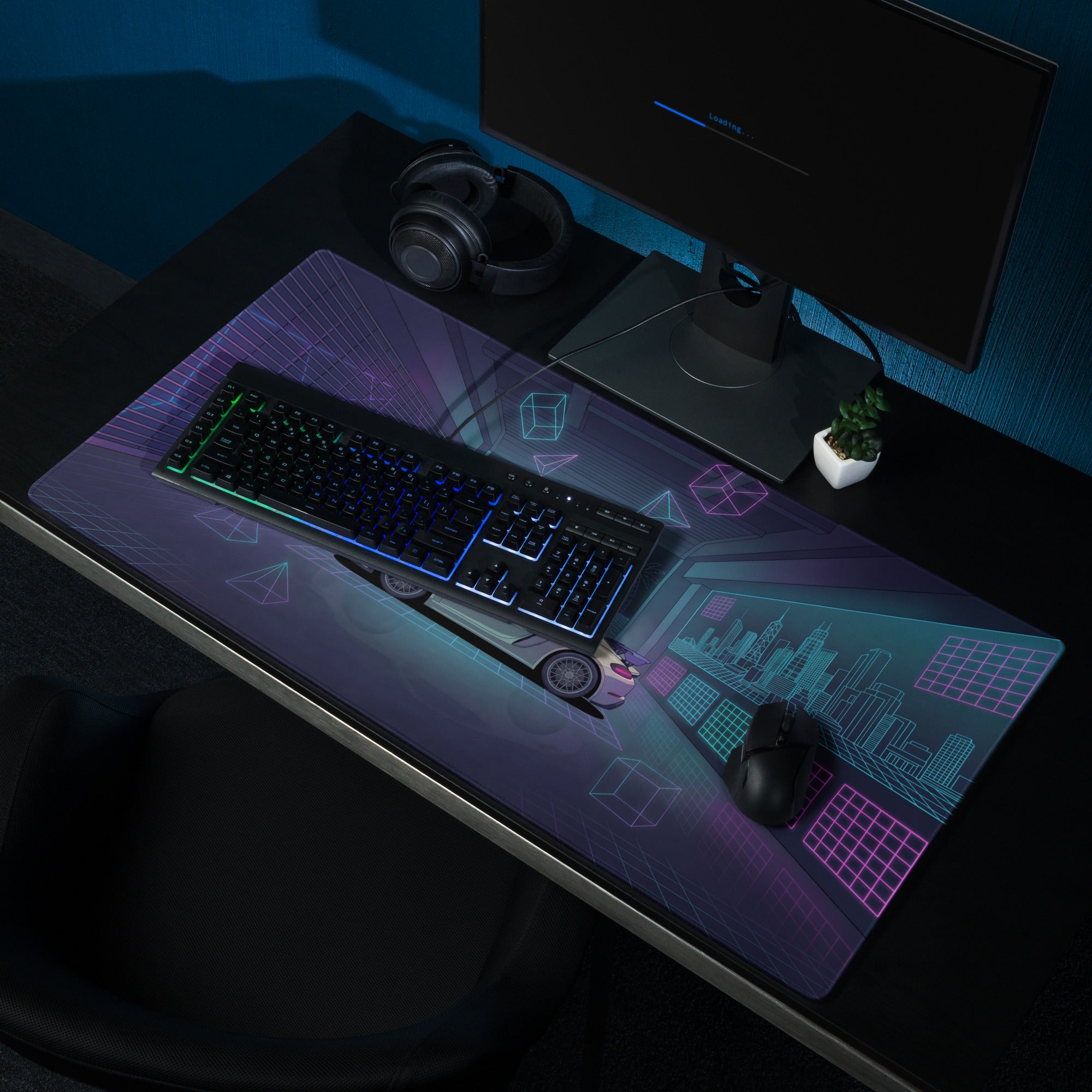 Porsche 718 Cayman GT4 Inspired White Blue Vaporwave Gaming Mouse Pad, Neon Sports Car Desk Mat with Retro Futuristic Sunset Garage Artwork