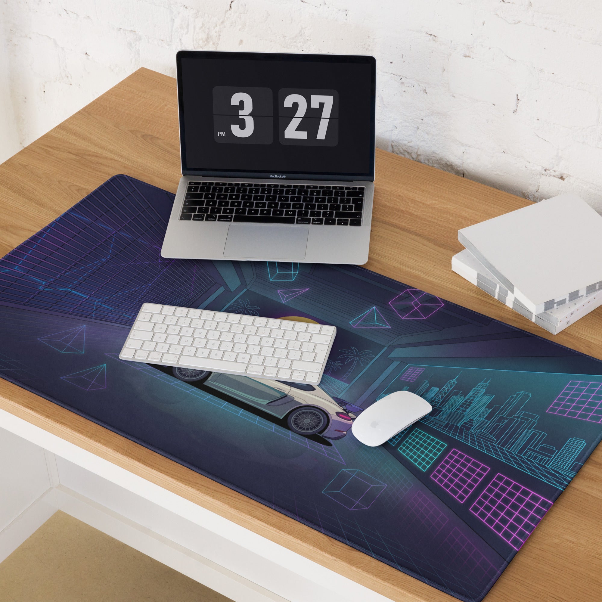 Porsche 718 Cayman GT4 Inspired White Blue Vaporwave Gaming Mouse Pad, Neon Sports Car Desk Mat with Retro Futuristic Sunset Garage Artwork