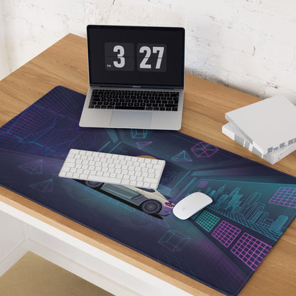 Porsche 718 Cayman GT4 Inspired White Blue Vaporwave Gaming Mouse Pad, Neon Sports Car Desk Mat with Retro Futuristic Sunset Garage Artwork