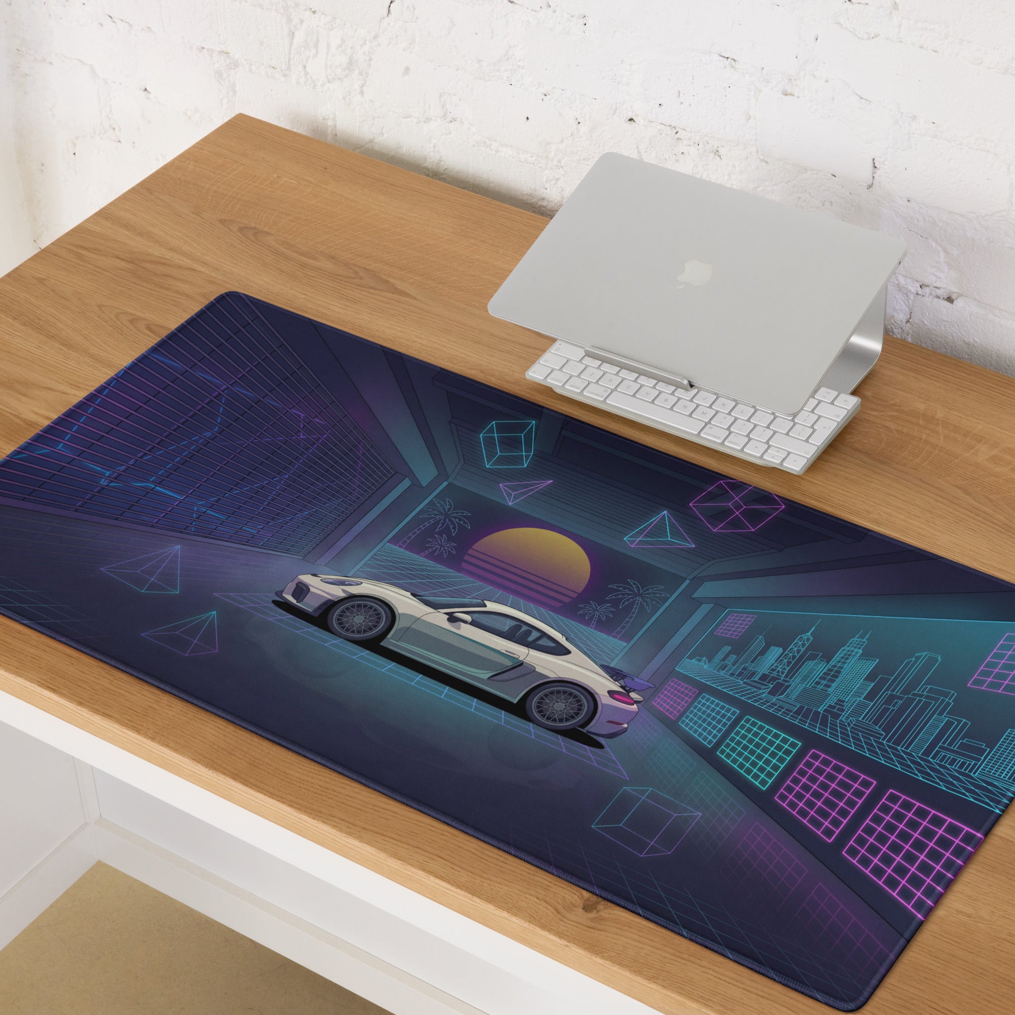 Porsche 718 Cayman GT4 Inspired White Blue Vaporwave Gaming Mouse Pad, Neon Sports Car Desk Mat with Retro Futuristic Sunset Garage Artwork