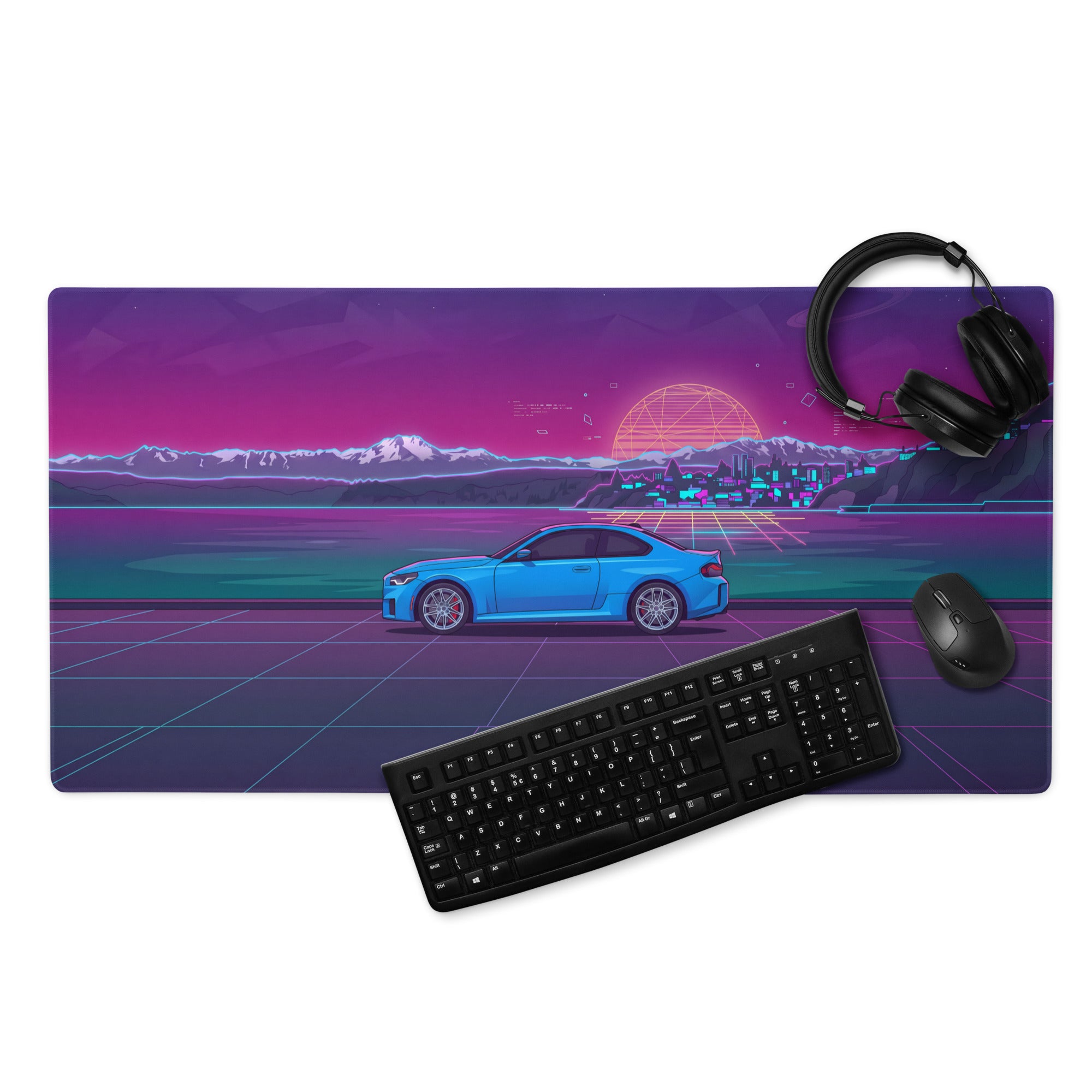 BMW M2 G87 Inspired Blue Purple Vaporwave Gaming Mouse Pad, Neon Sports Coupe Desk Mat with Retro Futuristic Mountain Sunset Artwork