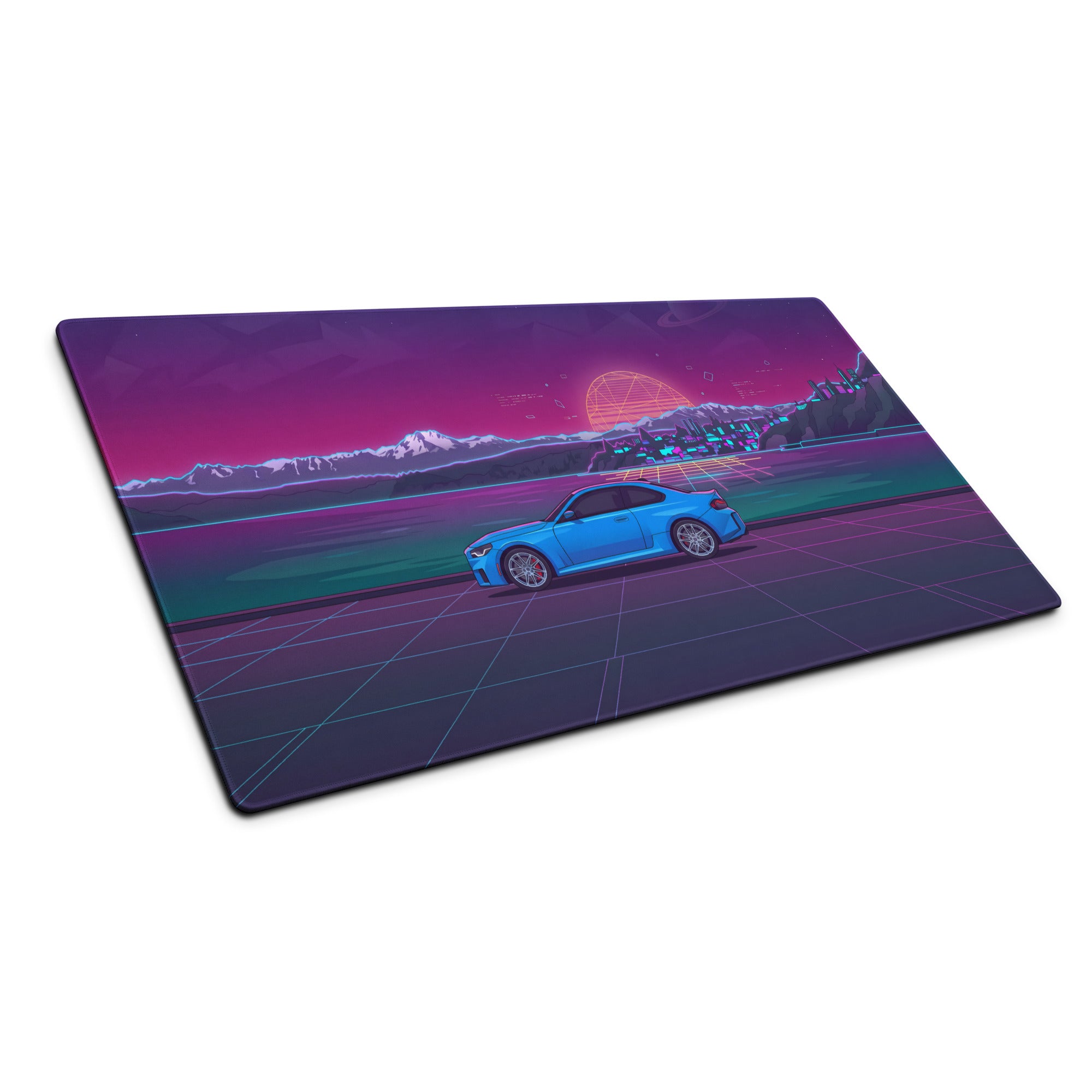 BMW M2 G87 Inspired Blue Purple Vaporwave Gaming Mouse Pad, Neon Sports Coupe Desk Mat with Retro Futuristic Mountain Sunset Artwork