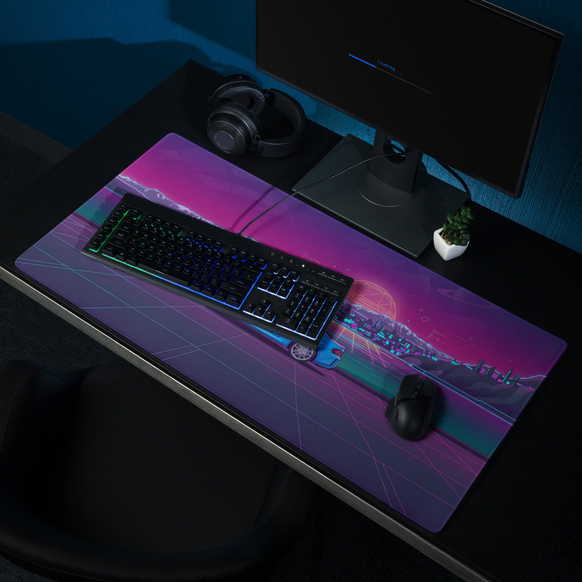BMW M2 G87 Inspired Blue Purple Vaporwave Gaming Mouse Pad, Neon Sports Coupe Desk Mat with Retro Futuristic Mountain Sunset Artwork