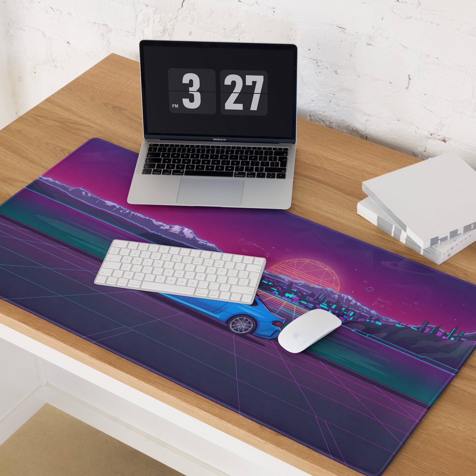 BMW M2 G87 Inspired Blue Purple Vaporwave Gaming Mouse Pad, Neon Sports Coupe Desk Mat with Retro Futuristic Mountain Sunset Artwork