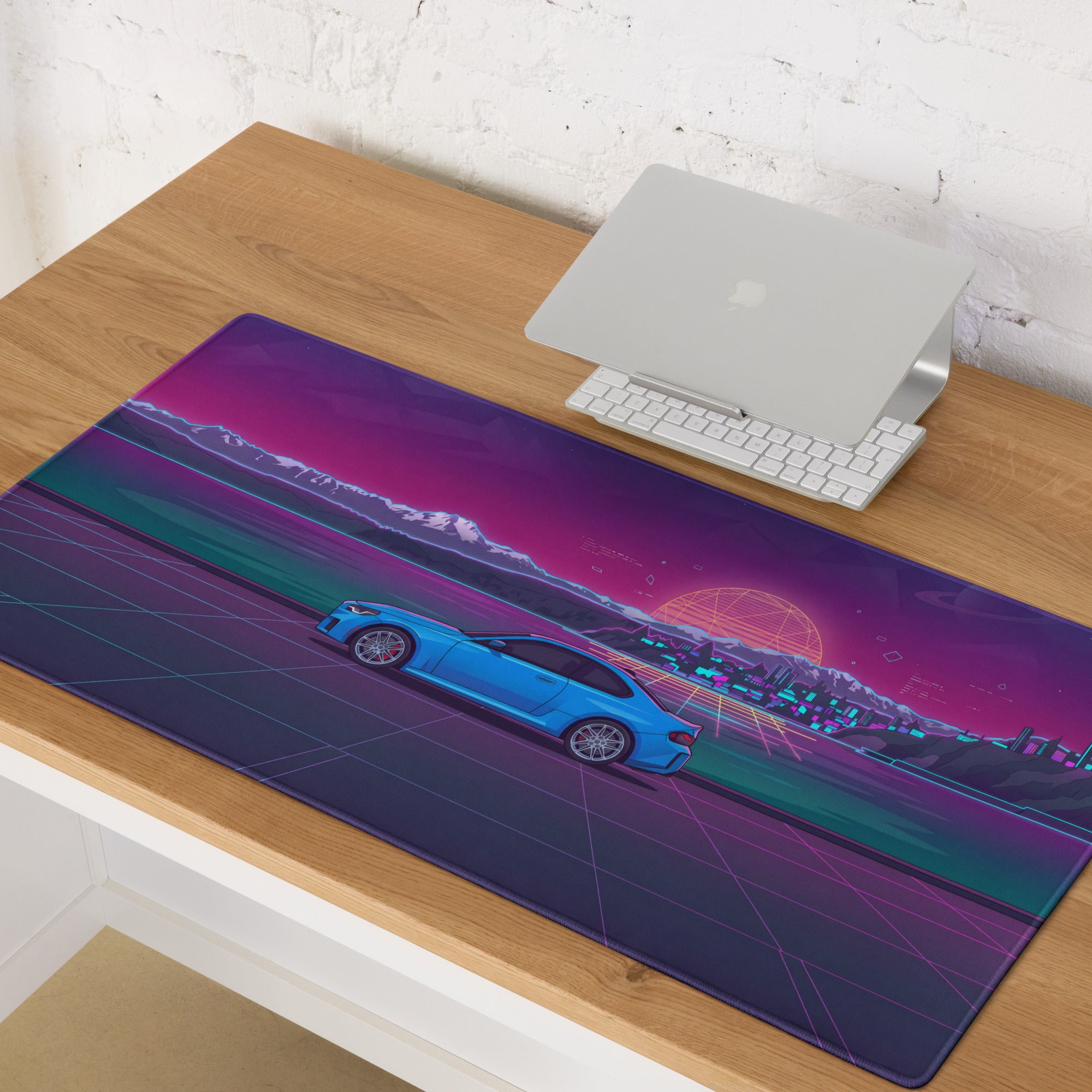 BMW M2 G87 Inspired Blue Purple Vaporwave Gaming Mouse Pad, Neon Sports Coupe Desk Mat with Retro Futuristic Mountain Sunset Artwork