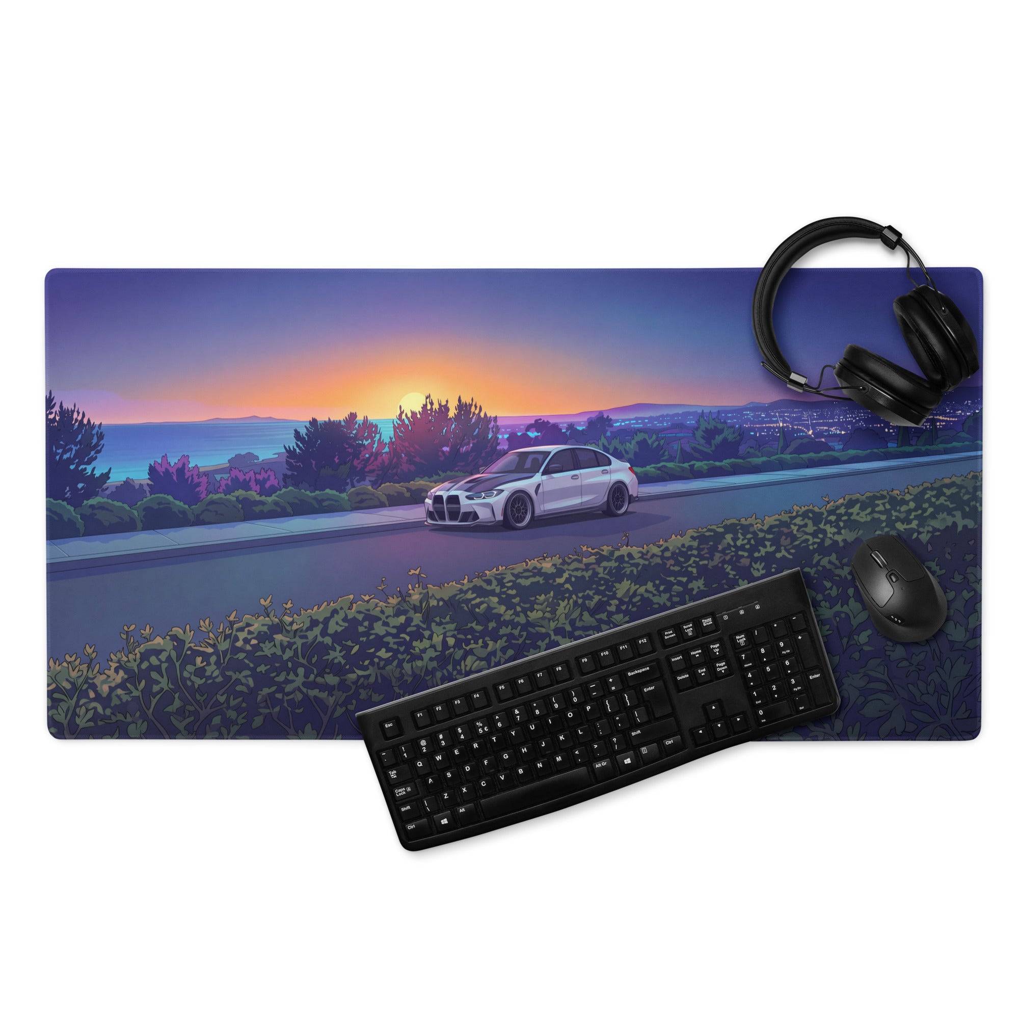 BMW M3 G80 Inspired White Orange Vaporwave Gaming Mouse Pad, Sunset Sports Sedan Desk Mat with Coastal Road Artwork and Retro Automotive Style