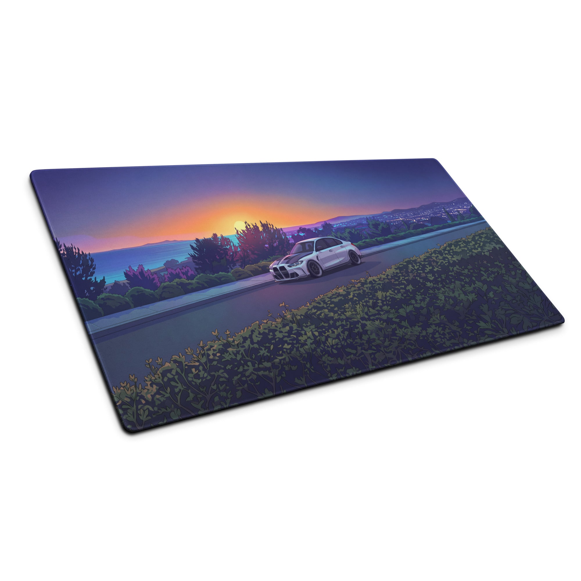 BMW M3 G80 Inspired White Orange Vaporwave Gaming Mouse Pad, Sunset Sports Sedan Desk Mat with Coastal Road Artwork and Retro Automotive Style