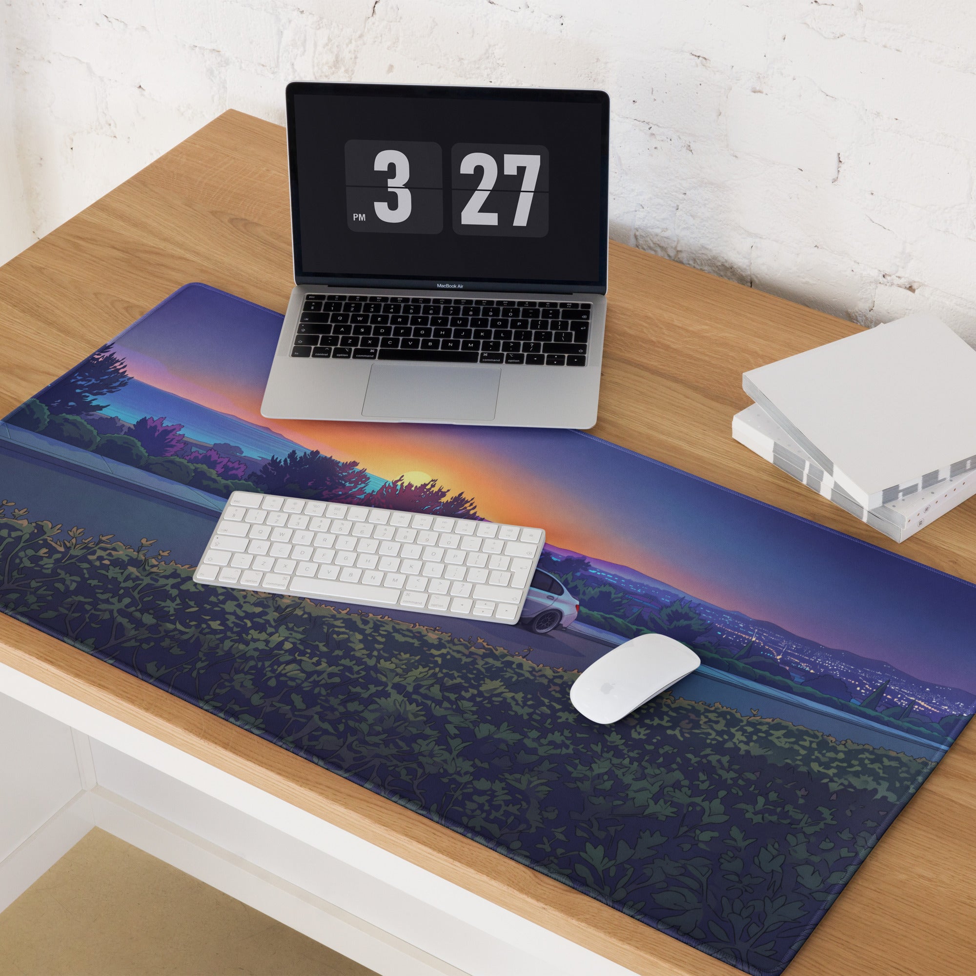 BMW M3 G80 Inspired White Orange Vaporwave Gaming Mouse Pad, Sunset Sports Sedan Desk Mat with Coastal Road Artwork and Retro Automotive Style