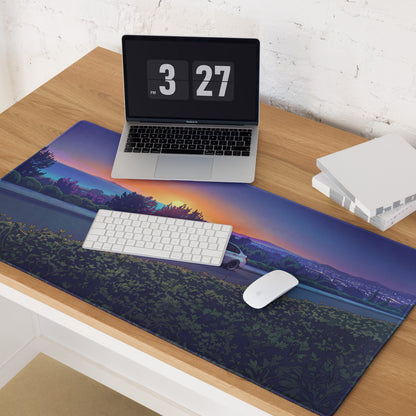 BMW M3 G80 Inspired White Orange Vaporwave Gaming Mouse Pad, Sunset Sports Sedan Desk Mat with Coastal Road Artwork and Retro Automotive Style