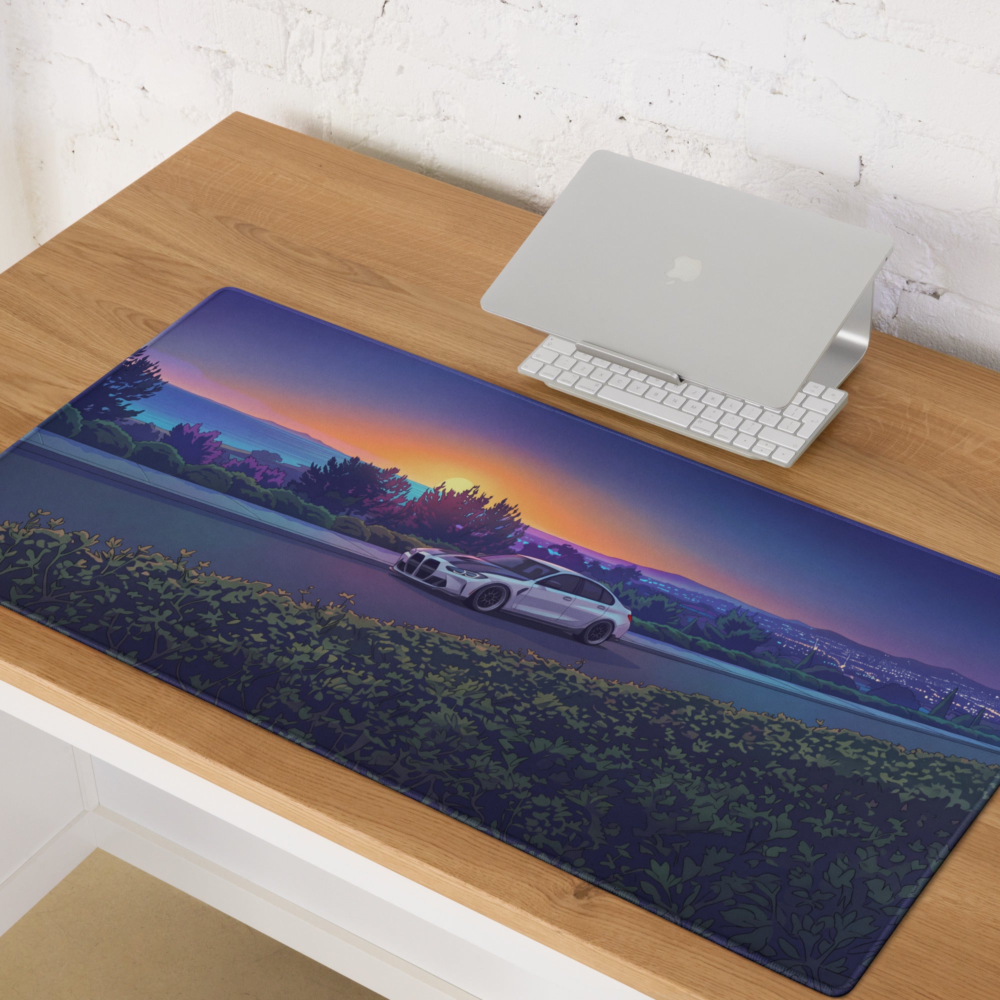 BMW M3 G80 Inspired White Orange Vaporwave Gaming Mouse Pad, Sunset Sports Sedan Desk Mat with Coastal Road Artwork and Retro Automotive Style