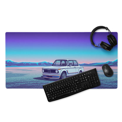 BMW 2002 Turbo Inspired White Blue Vaporwave Gaming Mouse Pad, Retro Classic Car Desk Mat with Neon Mountain Landscape Artwork