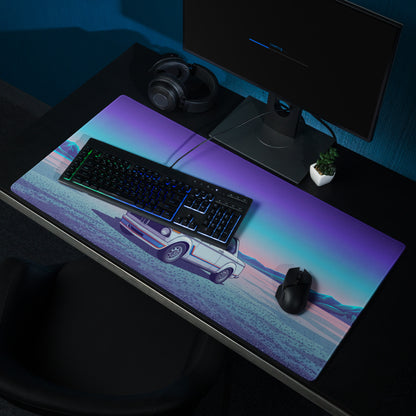 BMW 2002 Turbo Inspired White Blue Vaporwave Gaming Mouse Pad, Retro Classic Car Desk Mat with Neon Mountain Landscape Artwork