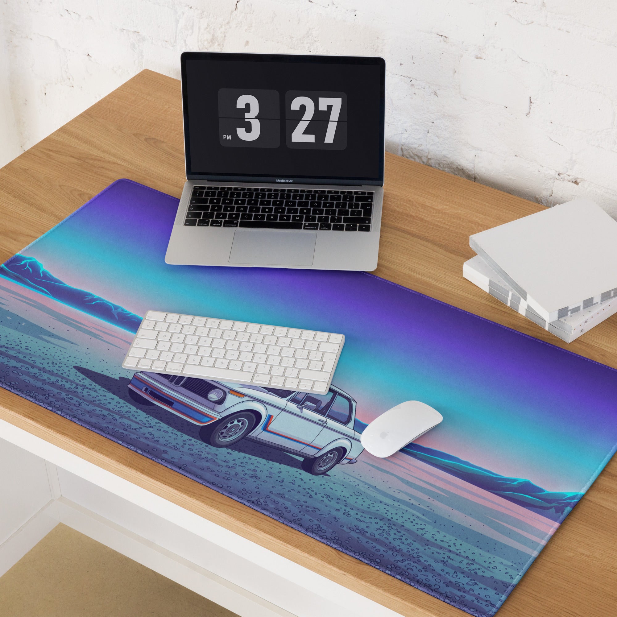BMW 2002 Turbo Inspired White Blue Vaporwave Gaming Mouse Pad, Retro Classic Car Desk Mat with Neon Mountain Landscape Artwork