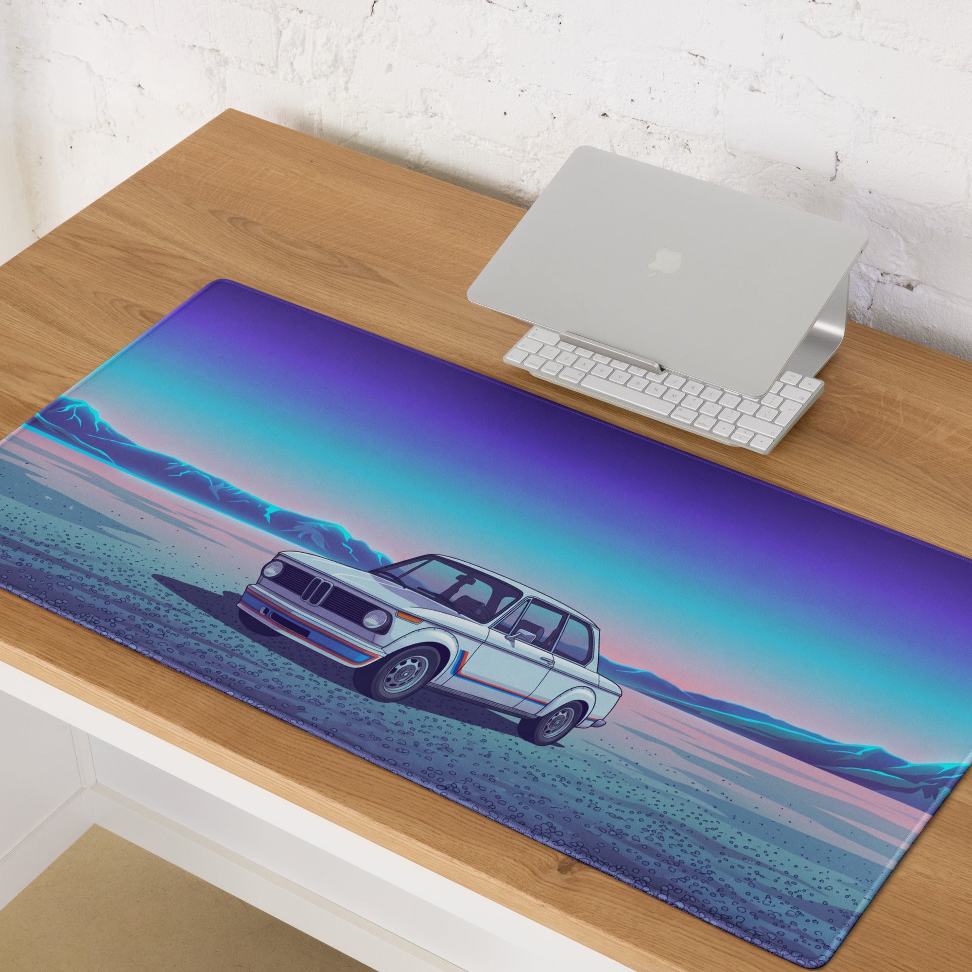 BMW 2002 Turbo Inspired White Blue Vaporwave Gaming Mouse Pad, Retro Classic Car Desk Mat with Neon Mountain Landscape Artwork