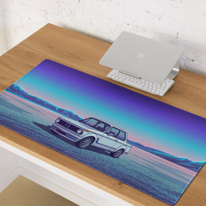 BMW 2002 Turbo Inspired White Blue Vaporwave Gaming Mouse Pad, Retro Classic Car Desk Mat with Neon Mountain Landscape Artwork