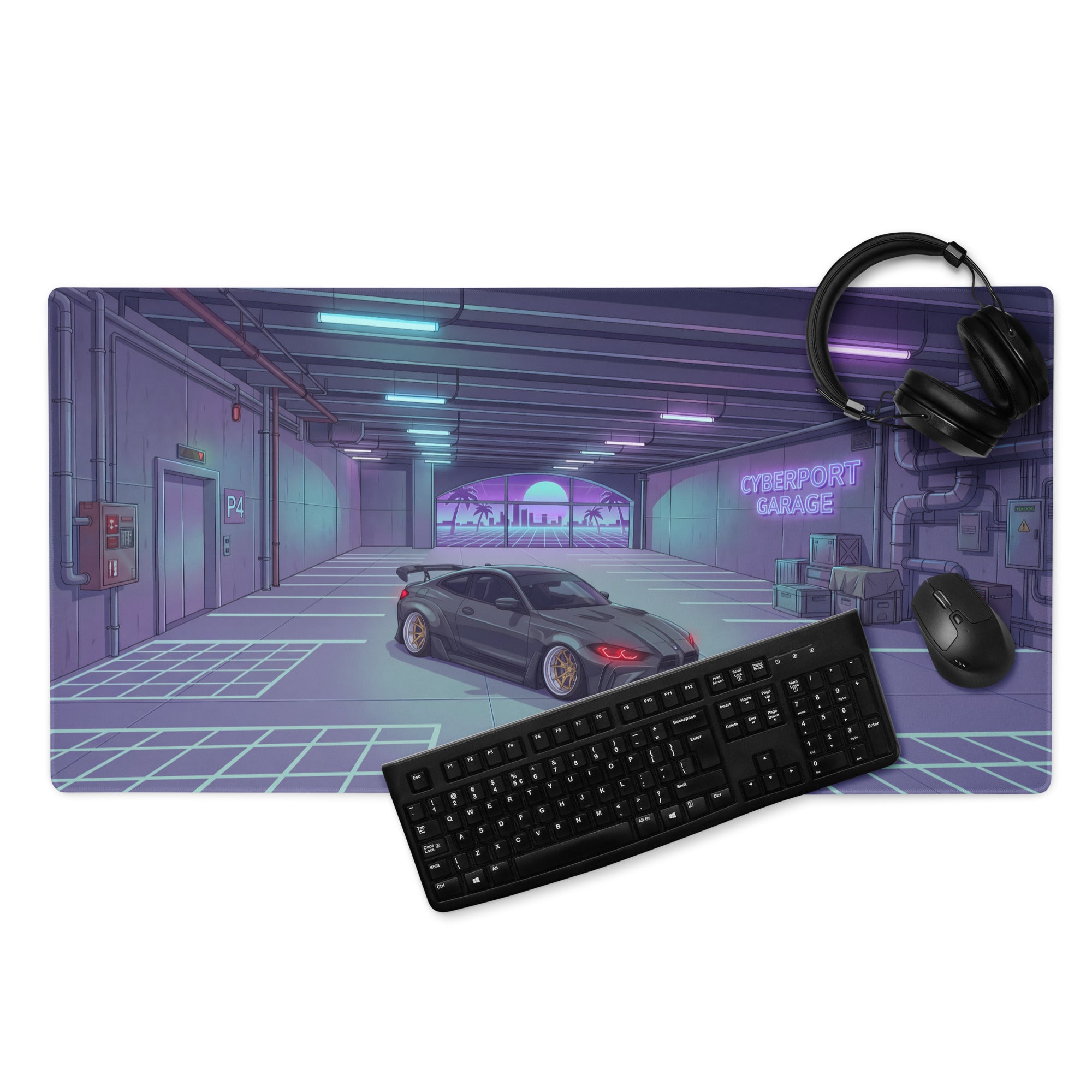 BMW M4 G82 Inspired Black Purple Vaporwave Gaming Mouse Pad, Neon Sports Coupe Desk Mat with Cyberpunk Garage Artwork and Retro Futuristic Style